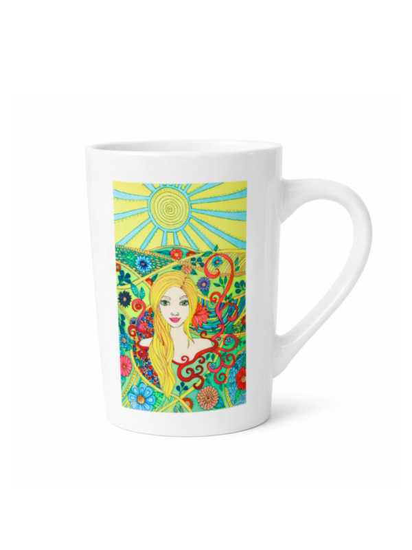 Straw Girl slim ceramic mug 450 ml with original colorful illustration and inspirational quote “You Are the Light in Your Garden”