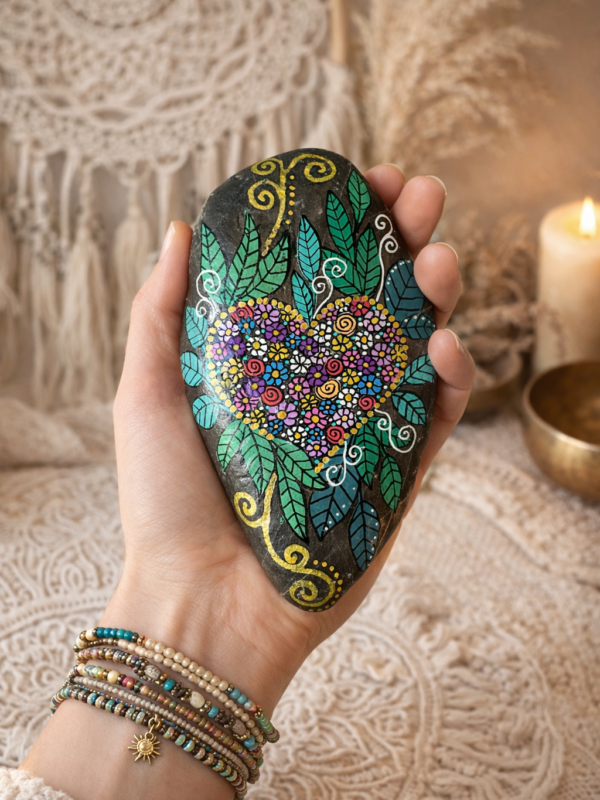Hand painted stone with colorful heart design and “Love is the answer” affirmation, mindfulness garden decor